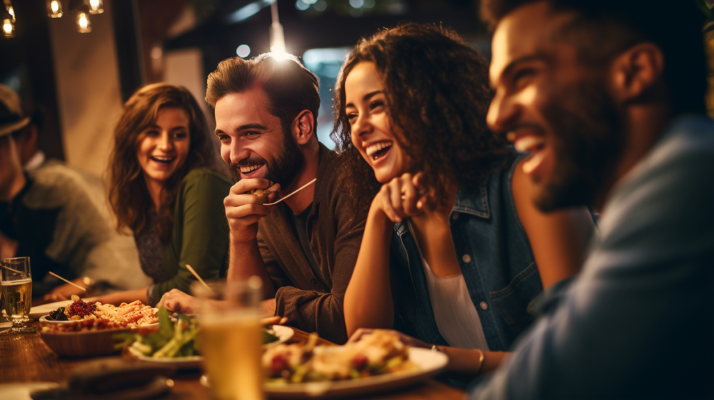 Um grupo de jovens felizes está jantando à noite, sentados ao redor de uma mesa em um restaurante de hotel.