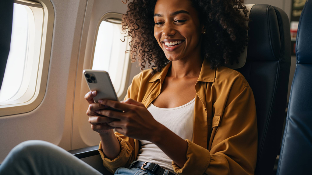 Uma jovem mulher afro-americana está usando o seu telefone celular durante o voo.