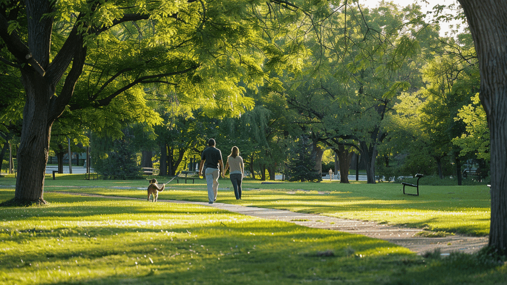 Um casal passeia com seu cachorro em um parque.