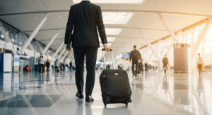 Executivo caminha de costas com uma mala dentro do aeroporto antes de fazer uma viagem corporativa.