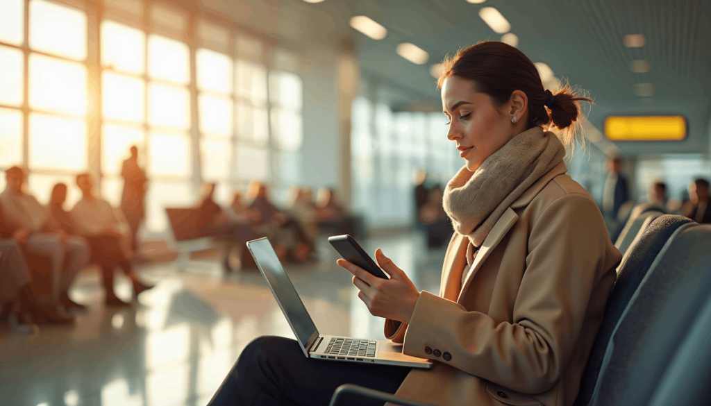 Mulher de negócios trabalha em seu laptop e smartphone no aeroporto. Ela utiliza tecnologia, consulta sua agenda de viagem e se comunica online.
