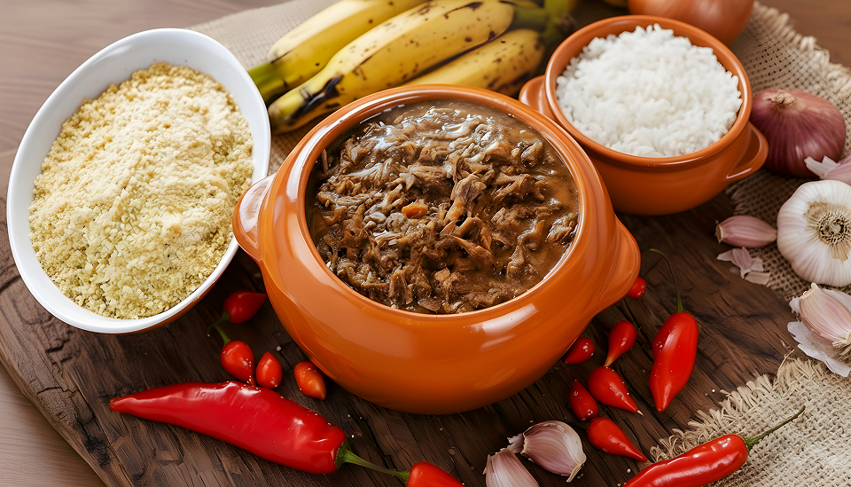 Barreado paranaense servido com farinha de mandioca e arroz, um dos pratos mais tradicionais da gastronomia do Paraná.